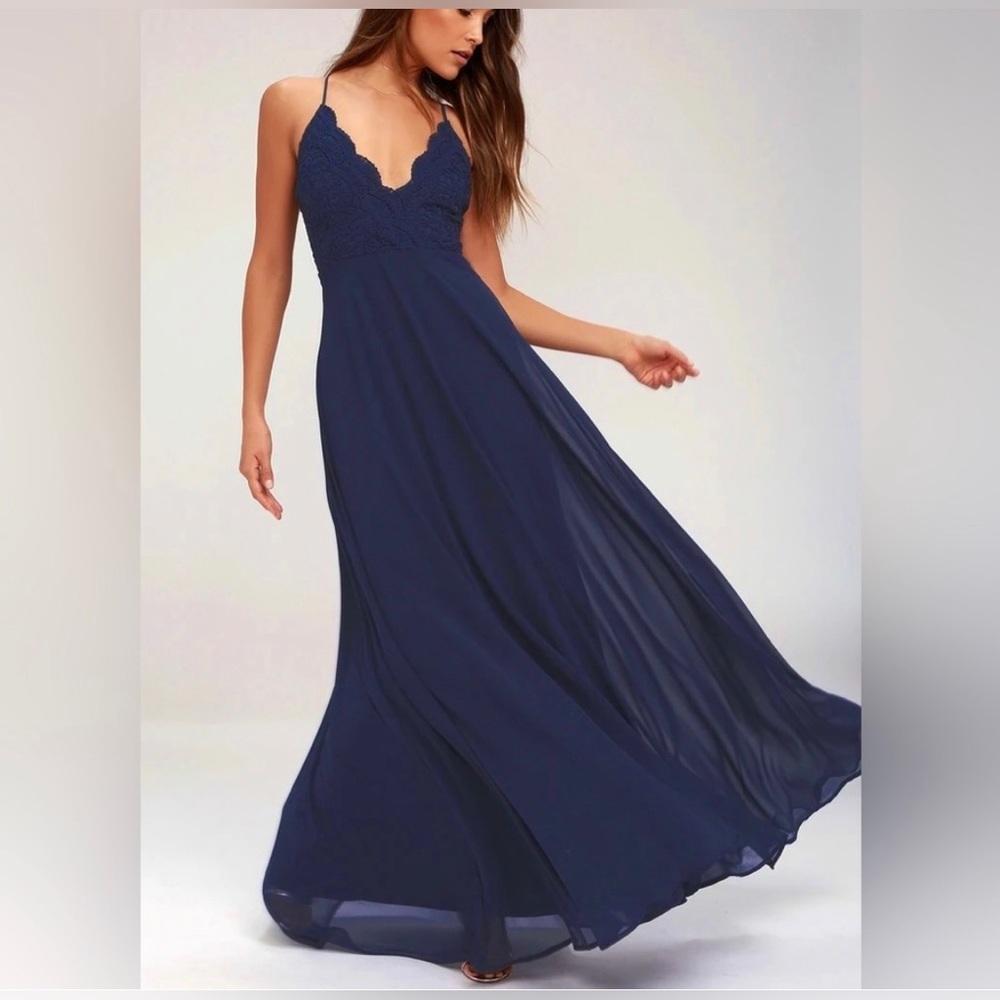 Lulu’s Madelyn Navy Blue Bridesmaid dress. Empire waist, detailed Lace &Chiffon